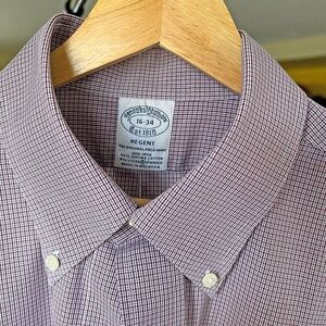 Brooks Brothers Regent Shirt Mens 16-34 Red Blue Plaid Non-Iron Long Sleeve